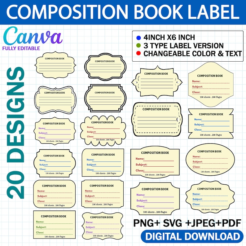 20x Composition Notebook Label Design SVG Bundle, Notebook Cover Labels ...