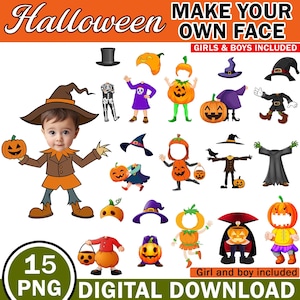 May include: A digital download graphic with a Halloween theme. The image features various costume elements, including pumpkin heads, witch hats, and scarecrow outfits. The text includes "Halloween," "Make Your Own Face," and "Girls & Boys Included."