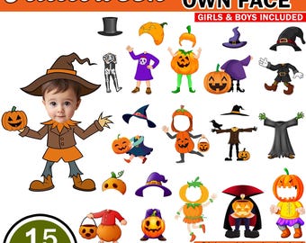 May include: A digital download graphic with a Halloween theme. The image features various costume elements, including pumpkin heads, witch hats, and scarecrow outfits. The text includes "Halloween," "Make Your Own Face," and "Girls & Boys Included."