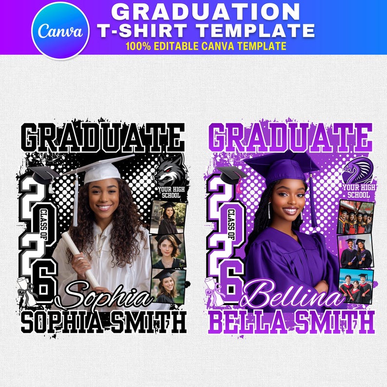 May include: A graduation t-shirt template with the word "GRADUATE" in large letters. The design includes a photo of a graduate, the year "2026", and the graduate's name. The template is customizable and editable.