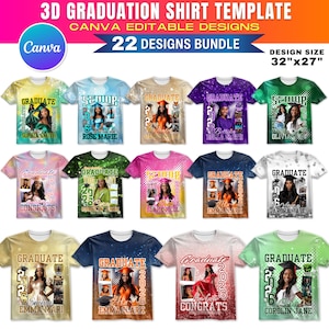 Könnte beinhalten: Eine Sammlung von Abschluss-Shirt-Vorlagen mit verschiedenen Designs. Jedes Shirt zeigt ein Foto, das Wort "Graduate" und das Jahr 2026. Die Shirts sind in verschiedenen Farben erhältlich und enthalten den Text "3D Graduation Shirt Template" und "22 Designs Bundle."