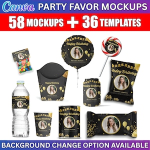 May include: A collection of party favor mockups with a black and gold theme. The image includes a water bottle, candy bag, popcorn container, balloon, lollipop, soda can, cup, and candy bar, all featuring a photo and the text "Happy Birthday".