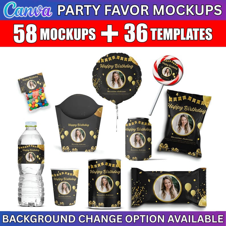 May include: A collection of party favor mockups with a black and gold theme. The image includes a water bottle, candy bag, popcorn container, balloon, lollipop, soda can, cup, and candy bar, all featuring a photo and the text "Happy Birthday".