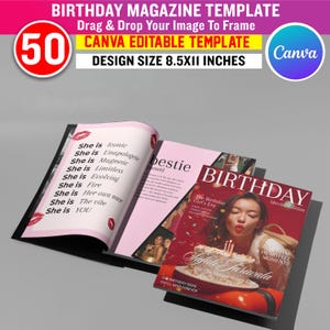 May include: A birthday magazine template with a red and white "50" logo, the Canva logo, and text that reads "Birthday Magazine Template" and "Canva Editable Template." The magazine cover features a woman blowing out candles on a cake.
