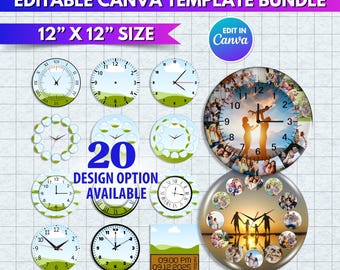 20x Clock Photo Collage Template | DIY Family Keepsake | Round Clock Sublimation Canva Editable Design Bundle