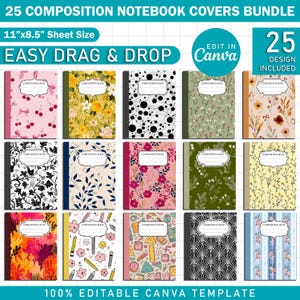 25x Composition Notebook Covers Bundle, Canva Editable Back to School Template, Printable Back to School Notebook Covers With Labels