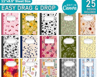 25x Composition Notebook Covers Bundle, Canva Editable Back to School Template, Printable Back to School Notebook Covers With Labels