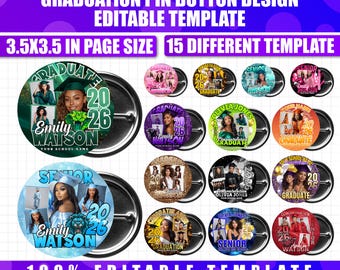 15x Graduation Pin Button Template, Canva Editable Congrats Grad Class of 2026 Button, High School Graduation Template, Pin Button Digital
