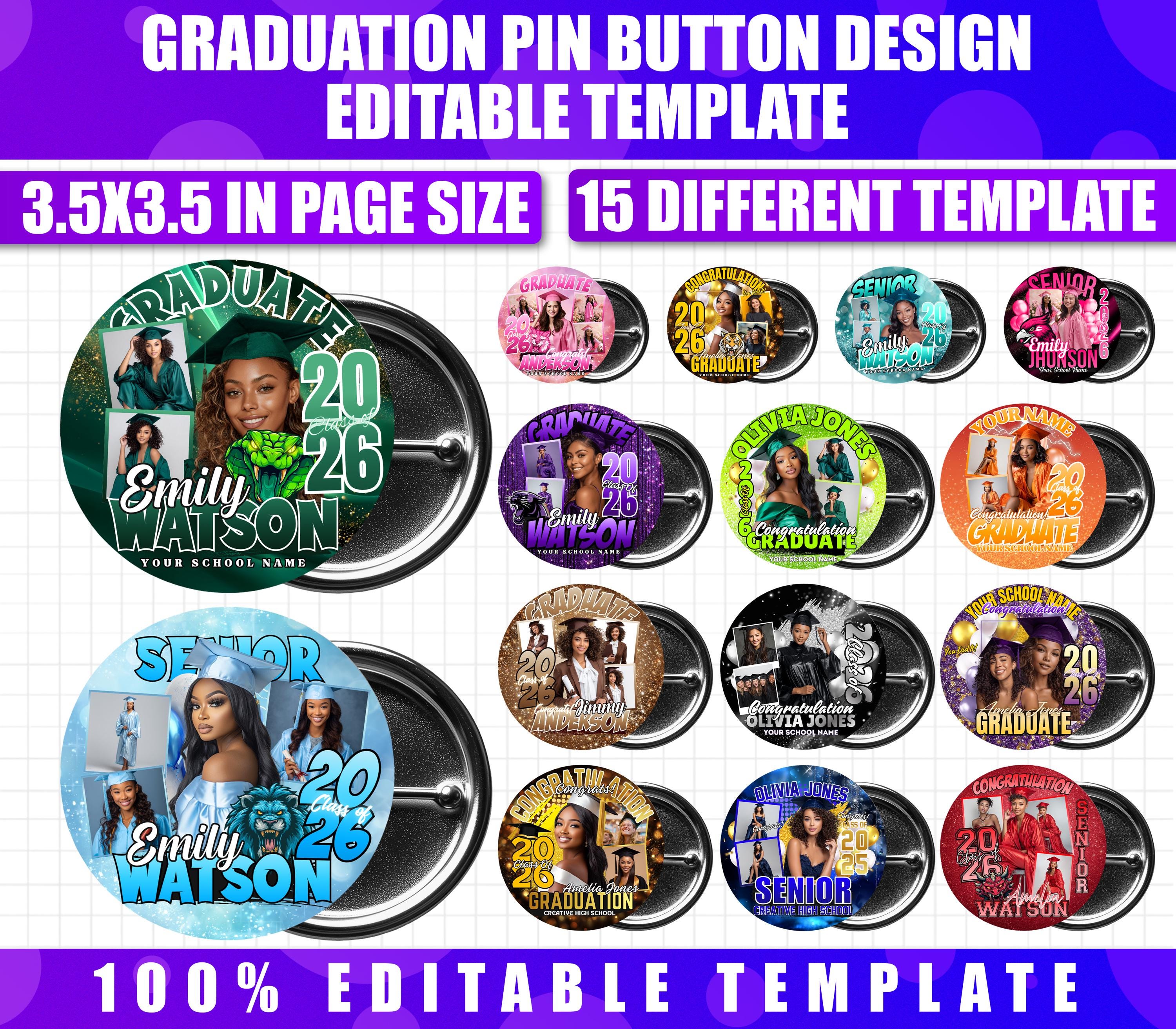 15x Graduation Pin Button Template, Canva Editable Congrats Grad Class ...