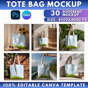 May include: A mockup of a tote bag with a blue sky and green landscape design. The image shows the bag in various settings, with sunflowers and other items inside. Text on the image includes "TOTE BAG MOCKUP", "30 DIFFERENT MOCKUP", and "100% EDITABLE CANVA TEMPLATE".