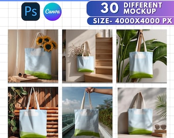 30x Aesthetic Tote Bag Mockup Bundle | Canvas Tote Bag Display | Canva & PSD Mockups for Printify Sellers, Professional Etsy Listing Mockups