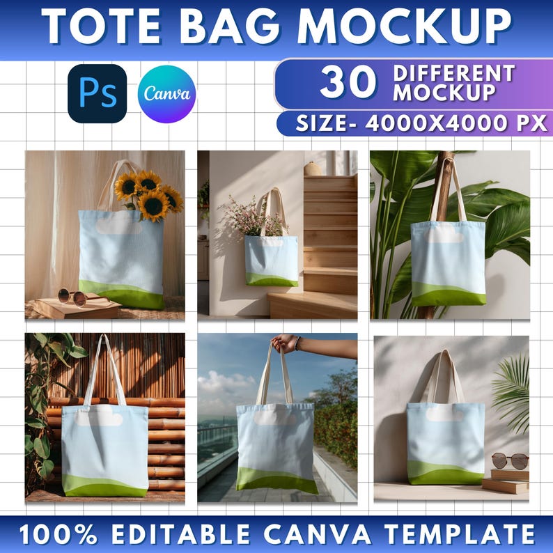 May include: A mockup of a tote bag with a blue sky and green landscape design. The image shows the bag in various settings, with sunflowers and other items inside. Text on the image includes "TOTE BAG MOCKUP", "30 DIFFERENT MOCKUP", and "100% EDITABLE CANVA TEMPLATE".