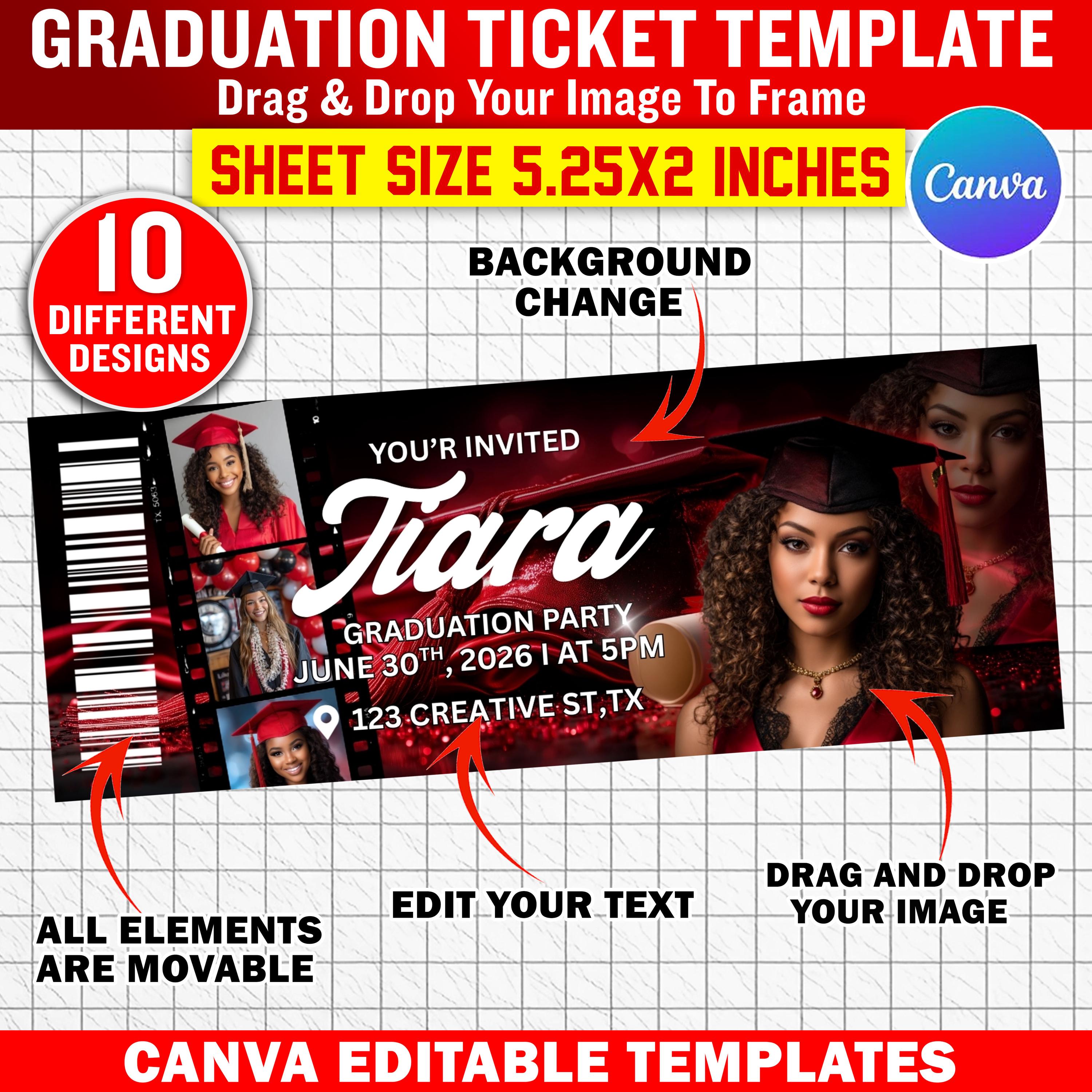 Professional Grad Tickets 10x Editable Graduation Ticket Template | Class of 2026 Invitation ...