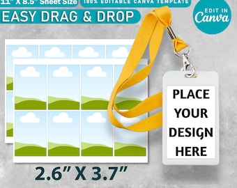 Peut inclure: Modèle de badge d'identification blanc avec un cordon jaune, avec le texte "PLACE YOUR DESIGN HERE". L'image affiche également une feuille de modèles de badges d'identification avec un paysage et des nuages. Le texte comprend "ID BADGE EDITABLE CANVA TEMPLATE" et "EASY DRAG & DROP."