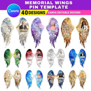 May include: A digital template for memorial wings, featuring 40 designs. Each wing design includes a photo, text, and decorative elements. The text includes phrases like "In Loving Memory" and names.