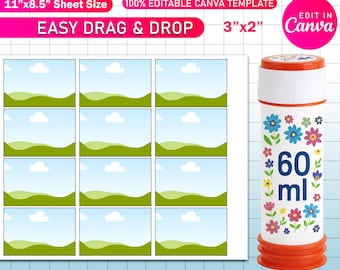 60ml Bubble Bottle Label Template | Canva Editable Bubble Bottle Sticker | Wedding & Kids Party Favor Labels | Bubble Bottle SVG