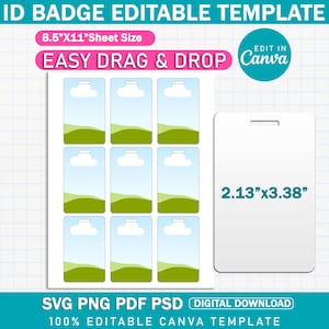 以下が含まれることがあります： 青い空と緑の風景のデザインのIDバッジテンプレートのシート。シートのサイズは21.6cm x 27.9cmで、9つのバッジテンプレートが含まれています。単一のバッジテンプレートは、5.4cm x 8.6cmの寸法で表示されます。「ID BADGE EDITABLE TEMPLATE」と「EASY DRAG & DROP」というテキストが含まれています。