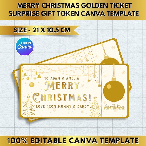 Personlig God Jul-guldbiljett | Överraskningspresenttoken med skraplottsruta | Canva redigerbar digital nedladdning