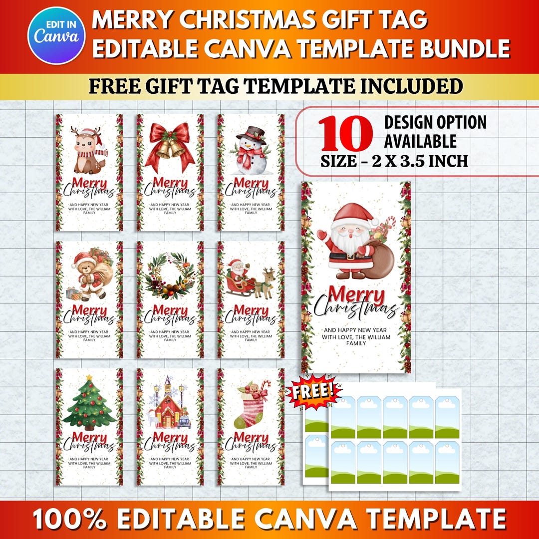 10x Merry Christmas Gift Tag Template Bundle | Hand Drawn Holiday Tags ...