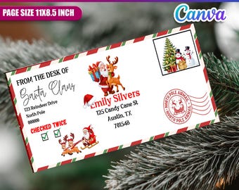 Op de afbeelding: Een kerst-envelopsjabloon met feestelijke illustraties van de kerstman, rendieren en een kerstboom. De envelop bevat de tekst "Brief aan de Kerstman" en adresgegevens. De pagina is 27,9 x 21,6 cm groot.