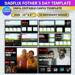 Pode incluir: Um modelo para o Dia dos Pais com o texto "DADFLIX FOTHER'S DAY TEMPLATE" e "100% EDITABLE CANVA TEMPLATE". O modelo tem 25,4 cm x 20,3 cm e inclui 10 designs diferentes. O modelo apresenta imagens e texto relacionados ao Dia dos Pais.