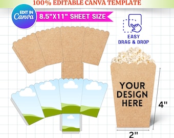Plantilla de caja de palomitas de maíz / Caja de palomitas SVG / Plantilla de caja de refrigerio / Caja de regalo de fiesta SVG / Soporte de palomitas DIY / Archivo digital editable de Canva