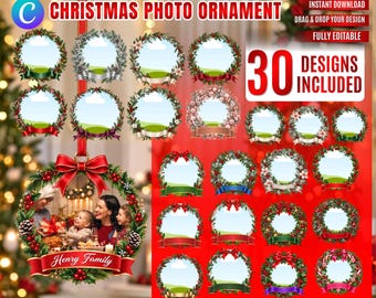 30x Christmas Photo Ornament Canva Template | Custom Photo Ornament Sublimation | Editable Holiday Picture Ornament Digital