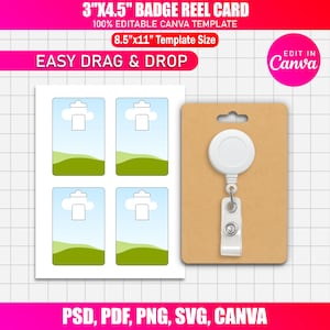 May include: A white badge reel with a retractable cord and a clear plastic clip is displayed on a brown card. To the left are four badge reel card templates with a sky and landscape design. Text includes "3"X4.5" BADGE REEL CARD" and "EASY DRAG & DROP".