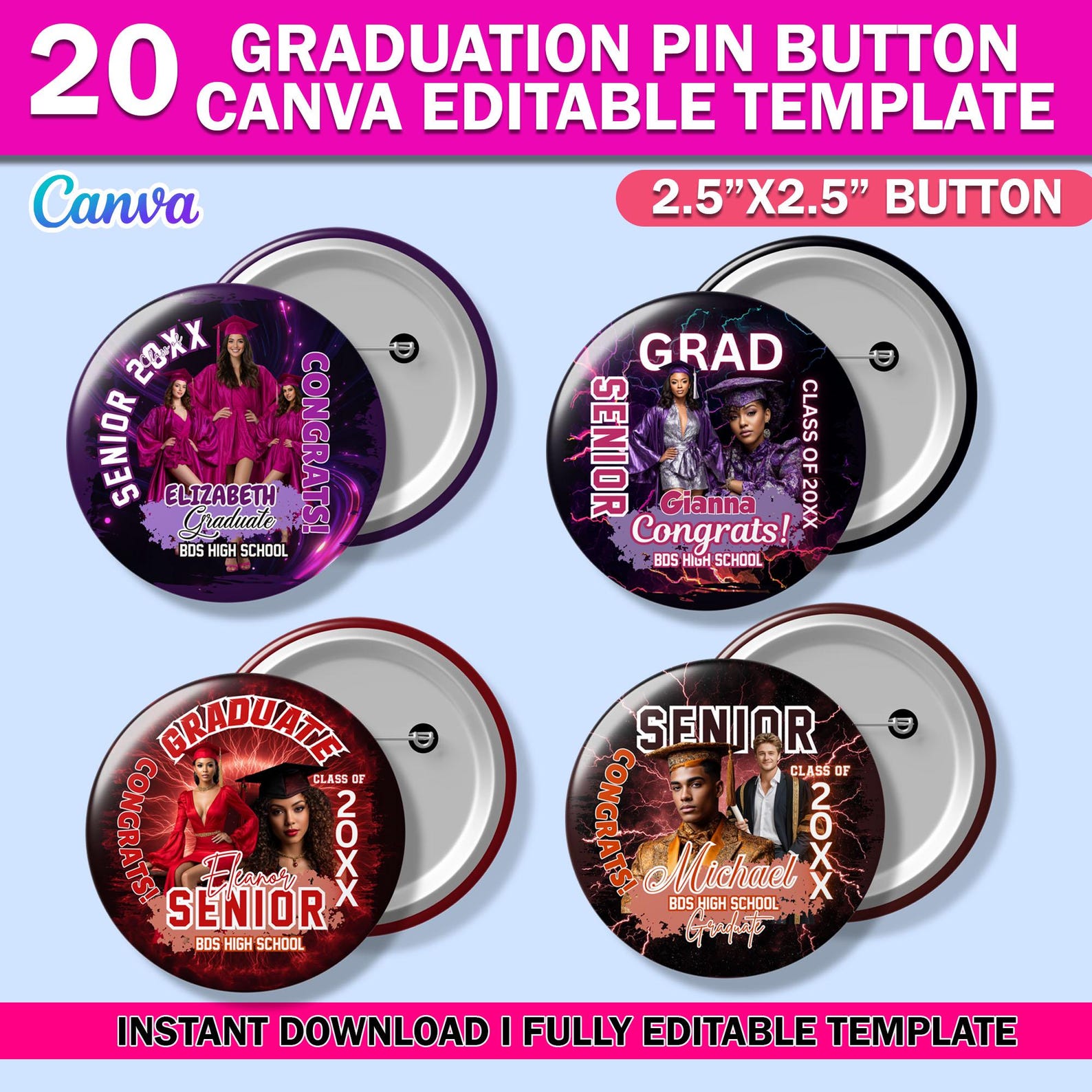 20x Graduation Pin Button Template Bundle, Congrats Class of 2026 ...