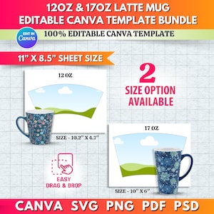 12oz - 17oz Latte Mug Template Bundle, 17oz Latte Mug Blank Template, 12oz Latte Mug Template Svg, Coffee Mug Template, png, Canva Editable