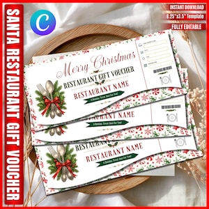 Könnte beinhalten: Ein Stapel aus drei druckbaren Restaurant-Geschenkgutscheinen mit der Überschrift Merry Christmas, einer Gabel- und Löffelillustration mit roter Schleife und einem weihnachtlichen Rand. Die Vorlage enthält Felder für Reservierungsdetails und misst 20,96 x 8,89 cm.