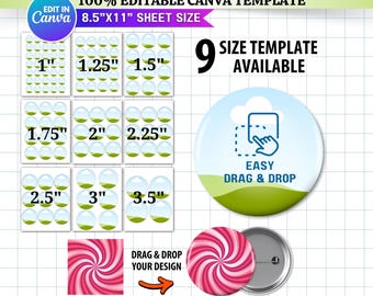 Può includere: Un pacchetto di modelli di spilla con nove opzioni di dimensioni, tra cui 2,5 cm, 3,2 cm, 3,8 cm, 4,4 cm, 5,1 cm, 5,7 cm, 6,4 cm, 7,6 cm e 8,9 cm. Il modello è modificabile in Canva e include una funzione di trascinamento. L'immagine mostra anche una spilla con un design a spirale rosso e bianco.