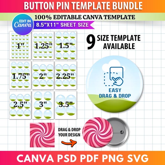 9x Button Pin Template Bundle | Editable Canva Frame for Pinback Buttons | Custom Badge Circle Sublimation 1 in to 3 in Drag & Drop