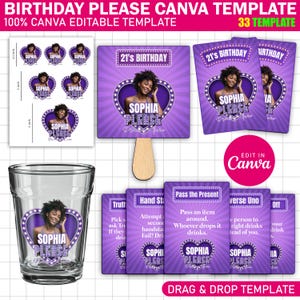 May include: A purple birthday party template set with the text "BIRTHDAY PLEASE CANVA TEMPLATE" and "100% CANVA EDITABLE TEMPLATE". The set includes stickers, a fan, cards, and a shot glass, all featuring a photo and the name "Sophia".