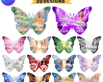 20 plantillas de pins de mariposa conmemorativos en lienzo, diseños de pins "En memoria amorosa", recuerdos editables, funerales y celebraciones digitales de la vida.
