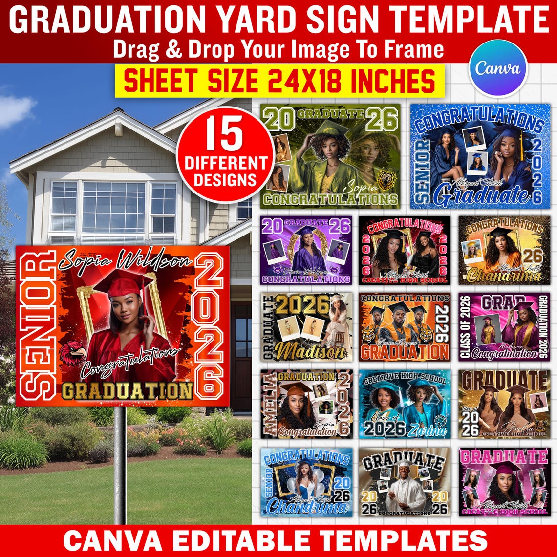 15x Graduation Yard Sign Canva Template Bundle, Editable Senior Yard ...