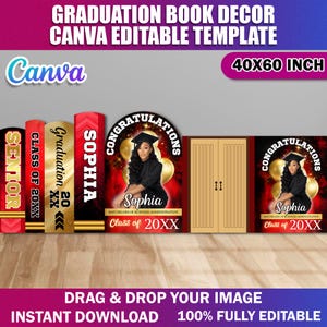 May include: A graduation book decor template with the text "GRADUATION BOOK DECOR CANVA EDITABLE TEMPLATE". The design includes book-shaped elements with graduation-themed graphics, a photo, and the text "Sophia". The template measures 40x60 inches.