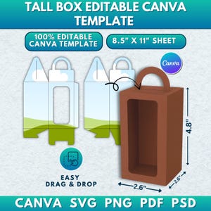 Puede incluir: Una plantilla de caja alta marrón con asa, que mide 12,2 cm de alto y 6,6 cm de ancho. La imagen incluye el texto "TALL BOX EDITABLE CANVA TEMPLATE" y "100% EDITABLE CANVA TEMPLATE". La plantilla es para una hoja de 21,6 cm x 27,9 cm.