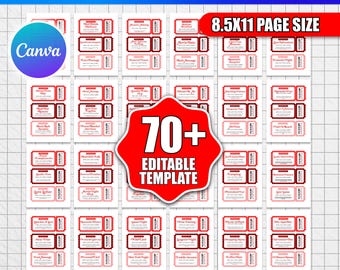 Könnte beinhalten: Vorlage für lustige Liebesgutscheine mit einem Raster aus roten und weißen Gutscheinen mit verschiedenen romantischen Aktivitätsvorschlägen. Das Design enthält den Text "FUN LOVE COUPON TEMPLATE", "8.5X11 PAGE SIZE" und "70+ EDITABLE TEMPLATE". Das Canva-Logo ist ebenfalls sichtbar.