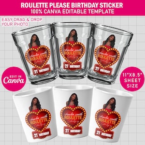 May include: Shot glasses and small ceramic cups with a heart-shaped design featuring a woman in a red dress. The design includes the text "Amelia Smith Roulette Celebrating 21st Birthday". The image also includes the text "Roulette Please Birthday Sticker".