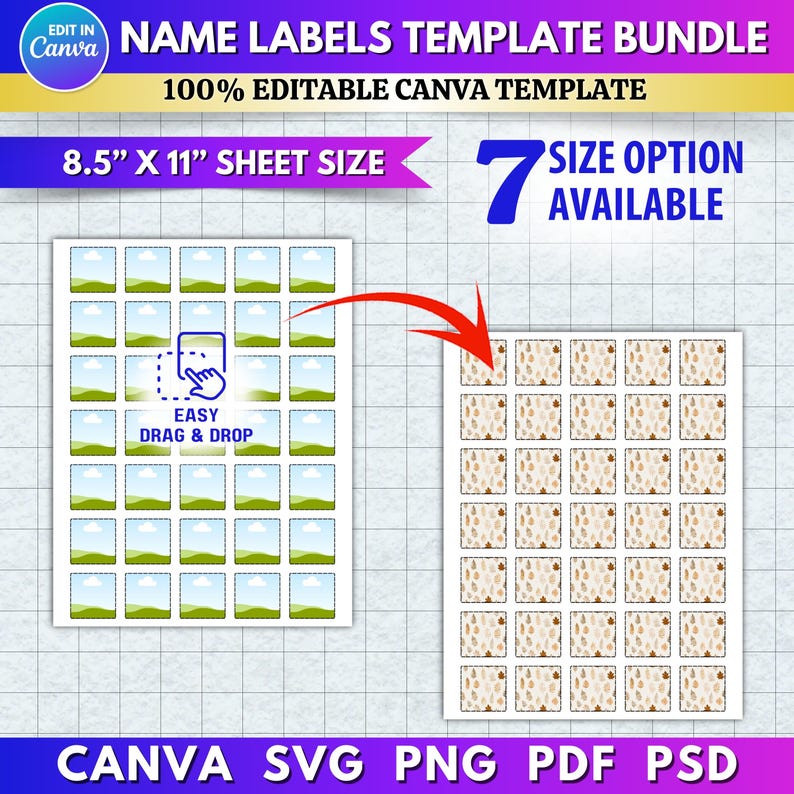 7x Name Labels Canva Editable Template Bundle | Custom Label Frame ...