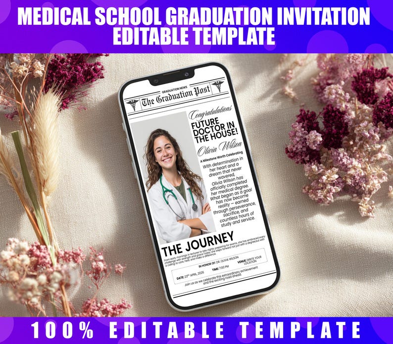 Medical School Graduation Invitation Template Editable Canva New Doctor ...