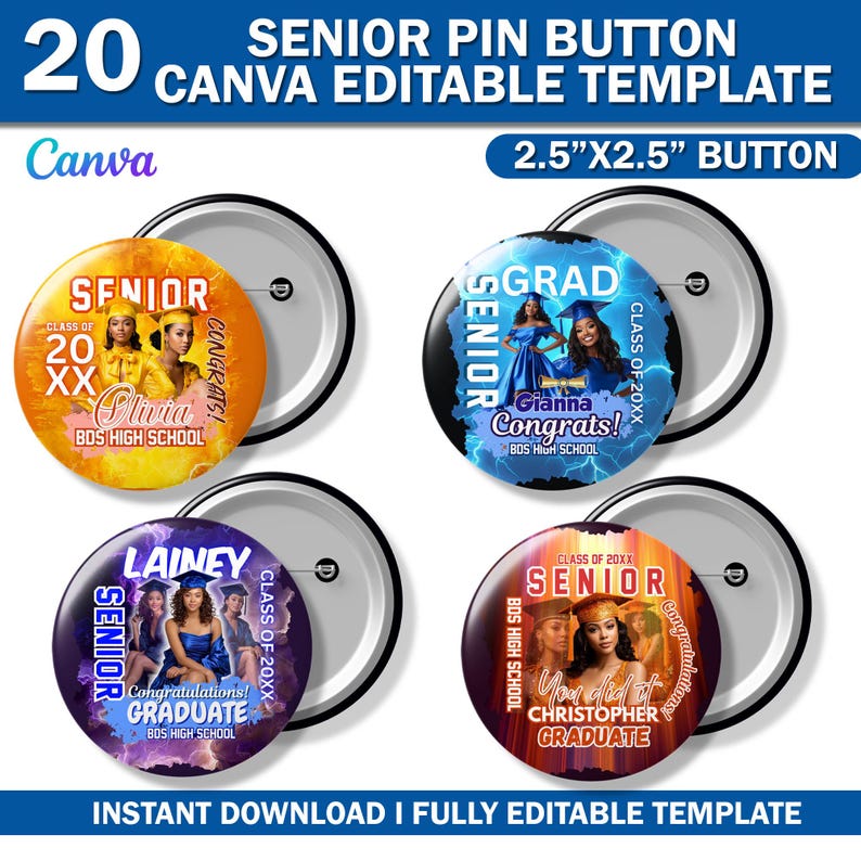 20x Senior Pin Button Canva Template, Congrats Senior 2026 Buttons ...