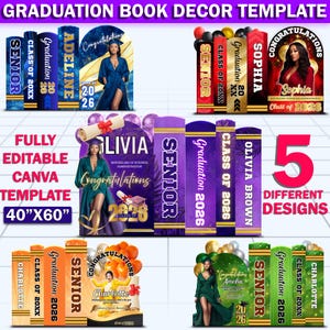 May include: A graduation book decor template featuring five different designs. Each design includes a photo of a graduate, the word "Senior", and "Class of 20XX". The template is fully editable in Canva and measures 40" x 60".