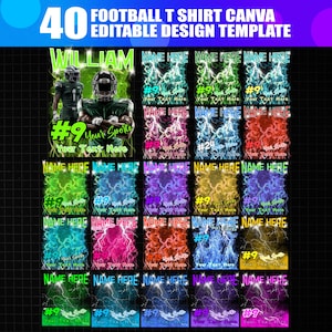 May include: A digital design template for football t-shirts. The image features 40 editable designs with various color schemes and lightning bolt graphics. Includes space for names, numbers, and text. The top text reads "FOOTBALL T SHIRT CANVA EDITABLE DESIGN TEMPLATE".