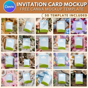 May include: A Canva invitation card mockup with a blue sky and green landscape design. The image includes 20 invitation card mockups with various backgrounds, including flowers, balloons, and food. The text at the top reads "INVITATION CARD MOCKUP" and "FREE CANVA MOCKUP TEMPLATE".