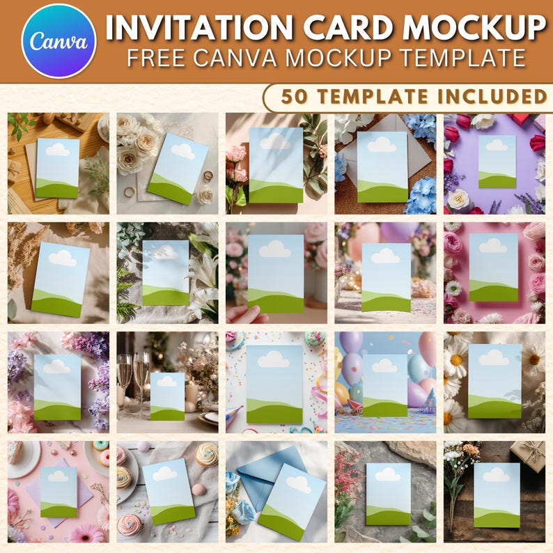 May include: A Canva invitation card mockup with a blue sky and green landscape design. The image includes 20 invitation card mockups with various backgrounds, including flowers, balloons, and food. The text at the top reads "INVITATION CARD MOCKUP" and "FREE CANVA MOCKUP TEMPLATE".