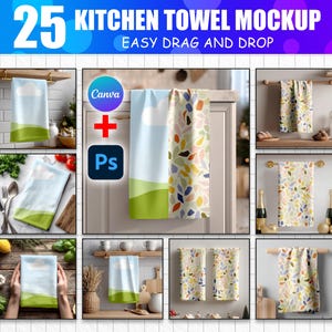 Może przedstawiać: Obraz z makiety prezentujący 25 wzorów ręczników kuchennych. Ręczniki mają różne wzory, w tym krajobraz z chmurą i zielonymi wzgórzami oraz kolorowy wzór liści. U góry widnieje napis "25 KITCHEN TOWEL MOCKUP" i "EASY DRAG AND DROP".