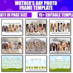 Könnte beinhalten: Eine Sammlung von Vorlagen für Fotorahmen zum Muttertag. Die Rahmen sind schwarz mit weißem Text, der "Happy Mother's Day" sagt. Die Vorlagen sind für Fotos im Format 35,56 x 27,94 cm konzipiert und enthalten den Text "15+ Editable Template".