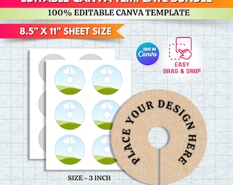 May include: A template bundle for 3-inch wine glass tags. The design includes a sheet of tags with a landscape design and a single tag with the text "PLACE YOUR DESIGN HERE". The sheet size is 8.5" x 11".